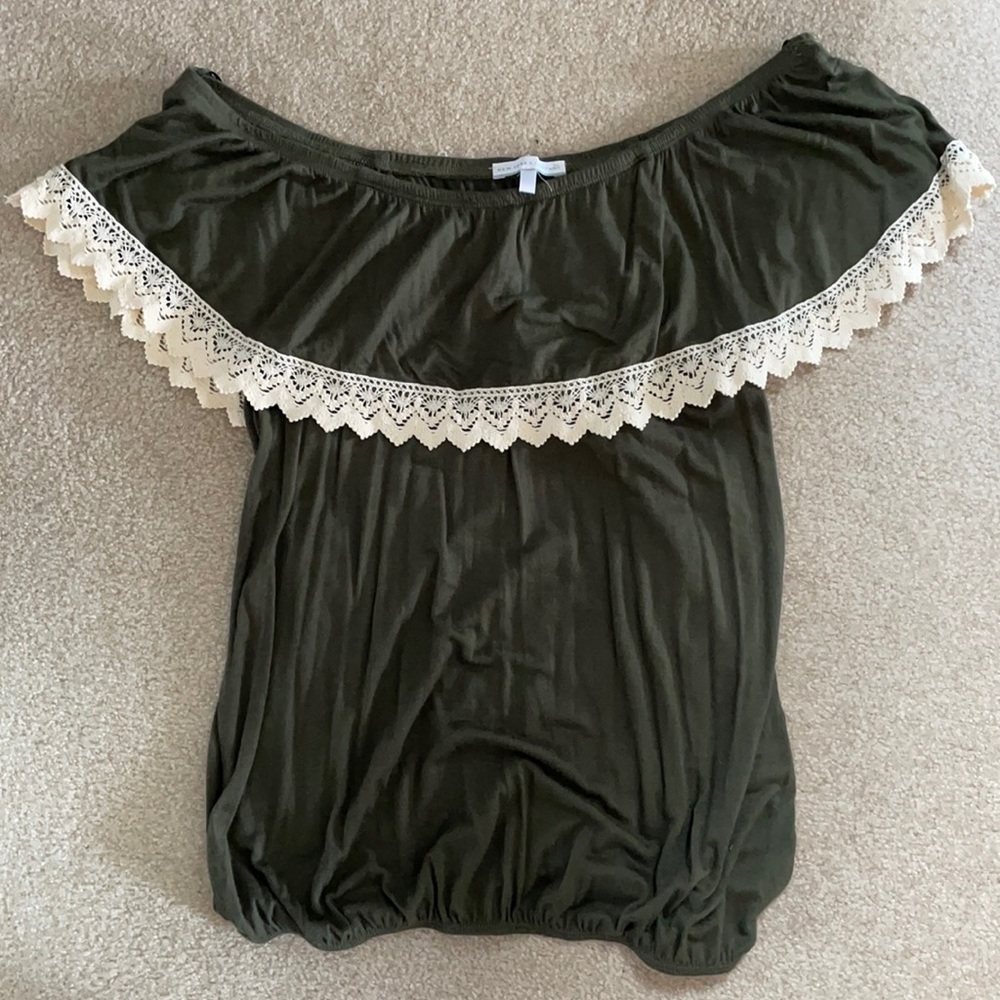 New York and Company army green off the shoulder top with off white lace trim